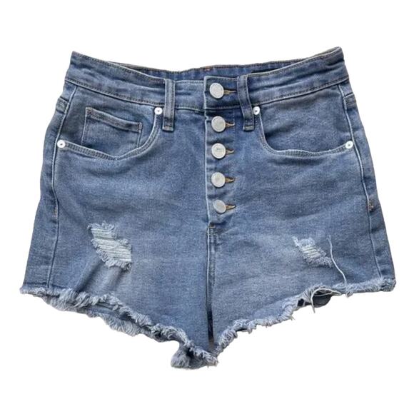 BLANKNYC Barrow Vintage High Rise Distressed Button Fly Fray Hem Denim Shorts 24 - Picture 4 of 5